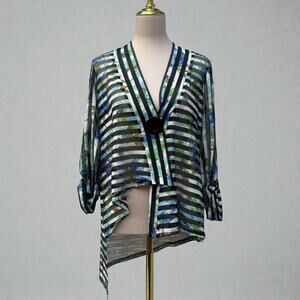 Joseph Ribkoff Top Sz 4 Black Blue Stripes Sheer 3/4 Sleeves Asymetrical Artsy